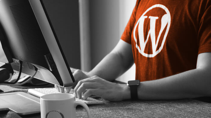Person mit Wordpress T-Shirt am Arbeitsplatz