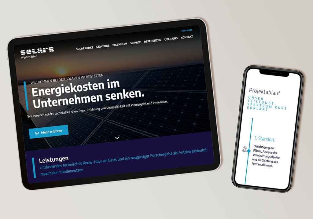 Die Seiten der Website der Solare Werkstätten auf einem Tablet und einem Handy