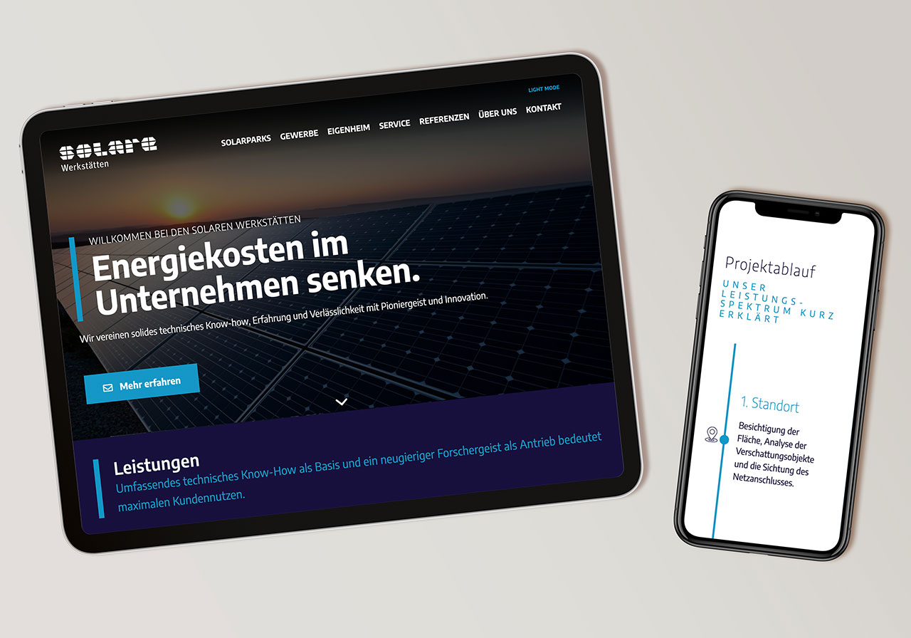 Die Seiten der Website der Solare Werkstätten auf einem Tablet und einem Handy
