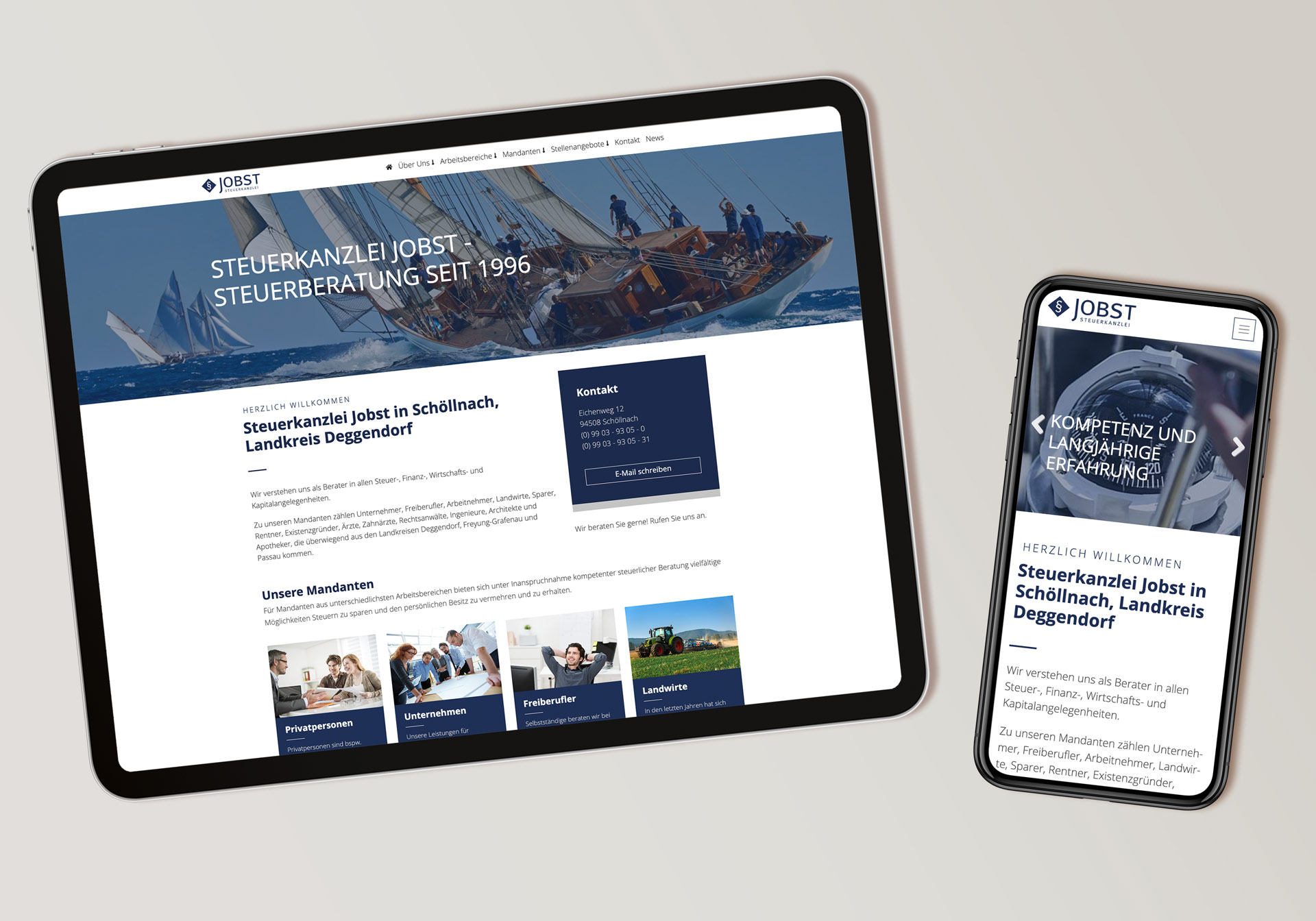 Die Seiten der Website der Jobst Steuerkanzlei auf den Bildschirmen von Tablets und Mobiltelefonen