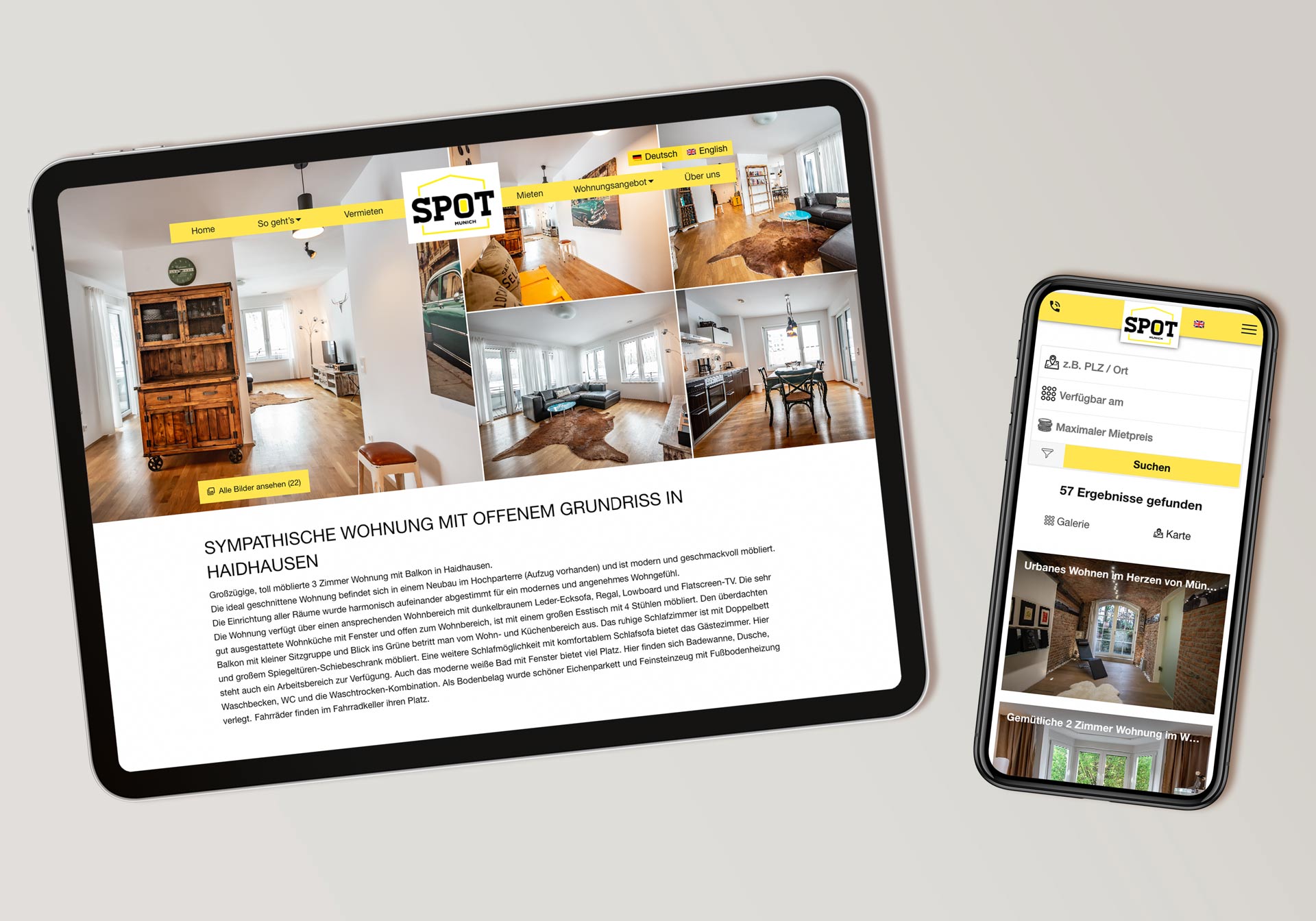 Spot Munich Website-Seiten auf Tablet und Mobiltelefonen