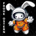 Hase im Raumanzug, der im Weltraum fliegt und die Aufschrift "Frohe Ostern"