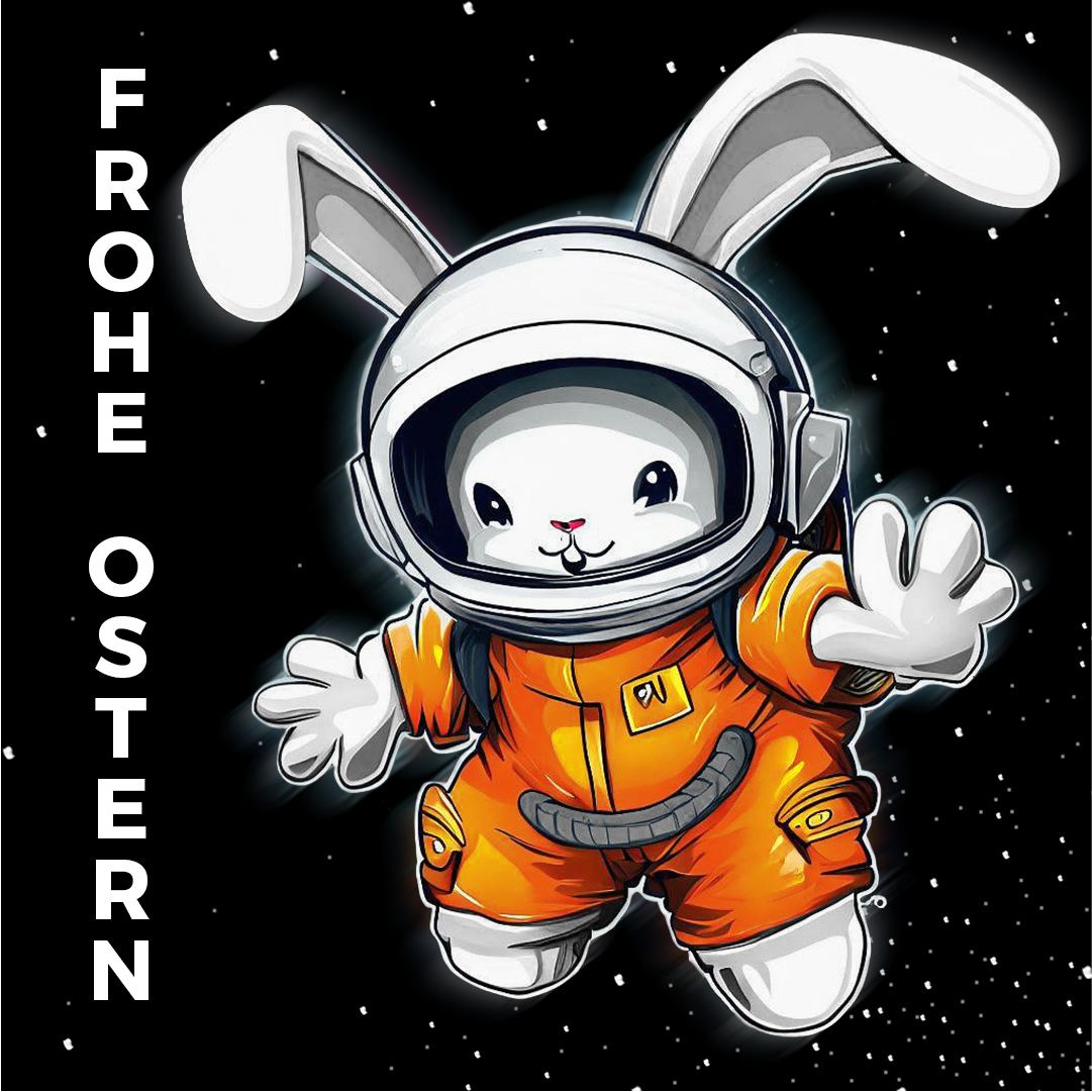 Hase im Raumanzug, der im Weltraum fliegt und die Aufschrift "Frohe Ostern"