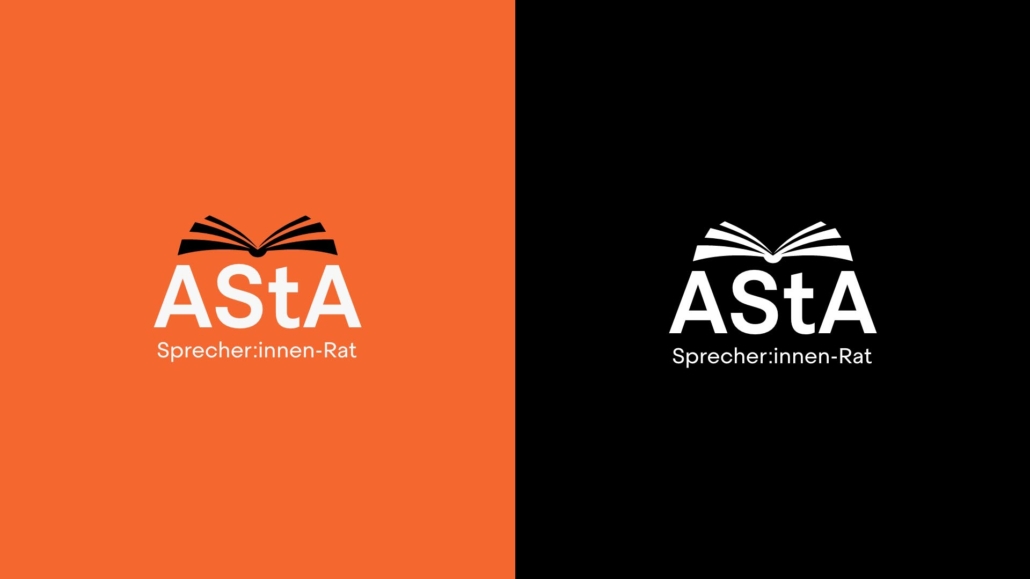Asta-Logos - weiß auf orangem Hintergrund und weiß auf schwarzem Hintergrund