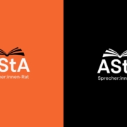 Asta-Logos - weiß auf orangem Hintergrund und weiß auf schwarzem Hintergrund