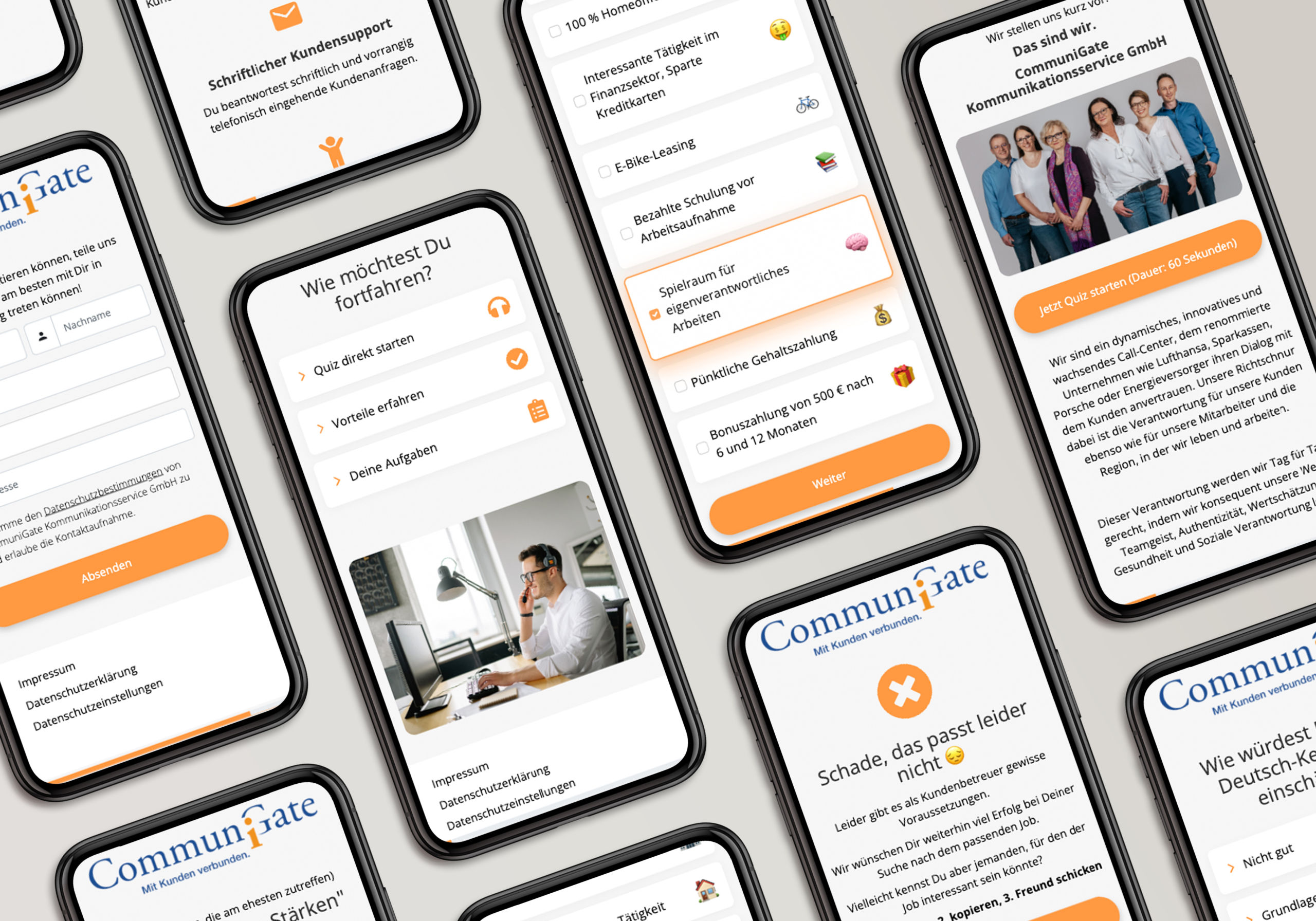 Verschiedene Seiten der Communigate-Website auf dem iPhone-Bildschirm