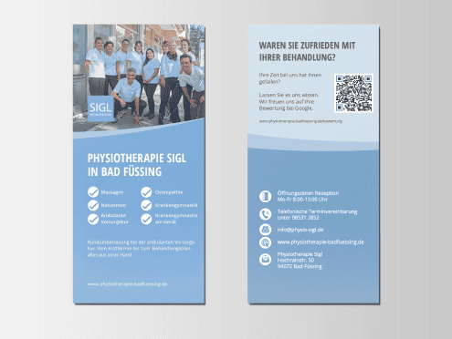 Flyer der Physiotherapie Sigl in Bad Füssing mit Teamfoto und Kontaktinformationen.