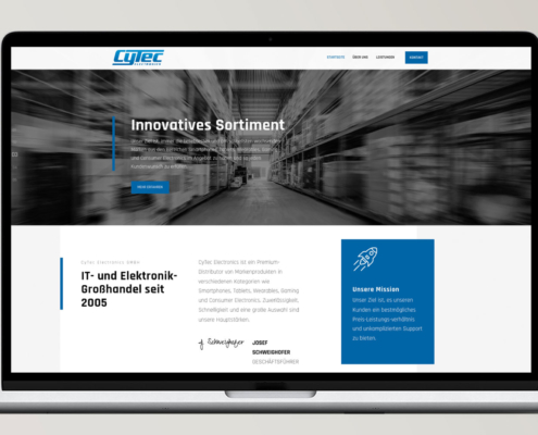 Screenshot der Startseite von CyTec Electronics, zeigt innovatives Sortiment und Firmeninfos.