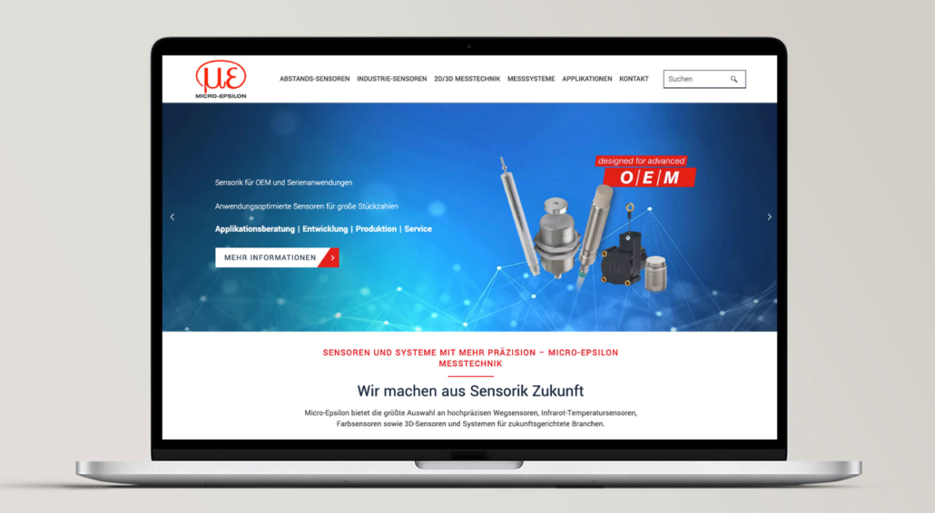 Laptop mit Micro-Epsilon Website, Sensorik für OEM- und Serienanwendungen.