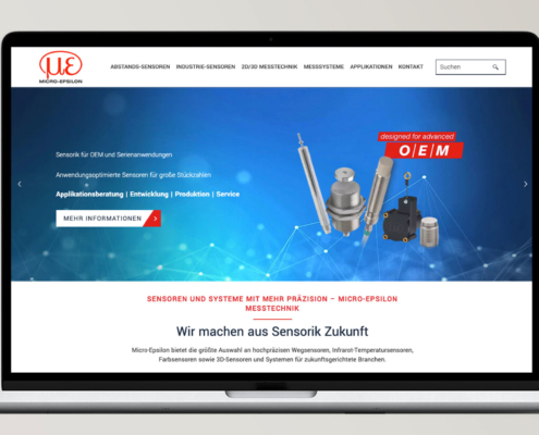 Laptop mit Micro-Epsilon Website, Sensorik für OEM- und Serienanwendungen.