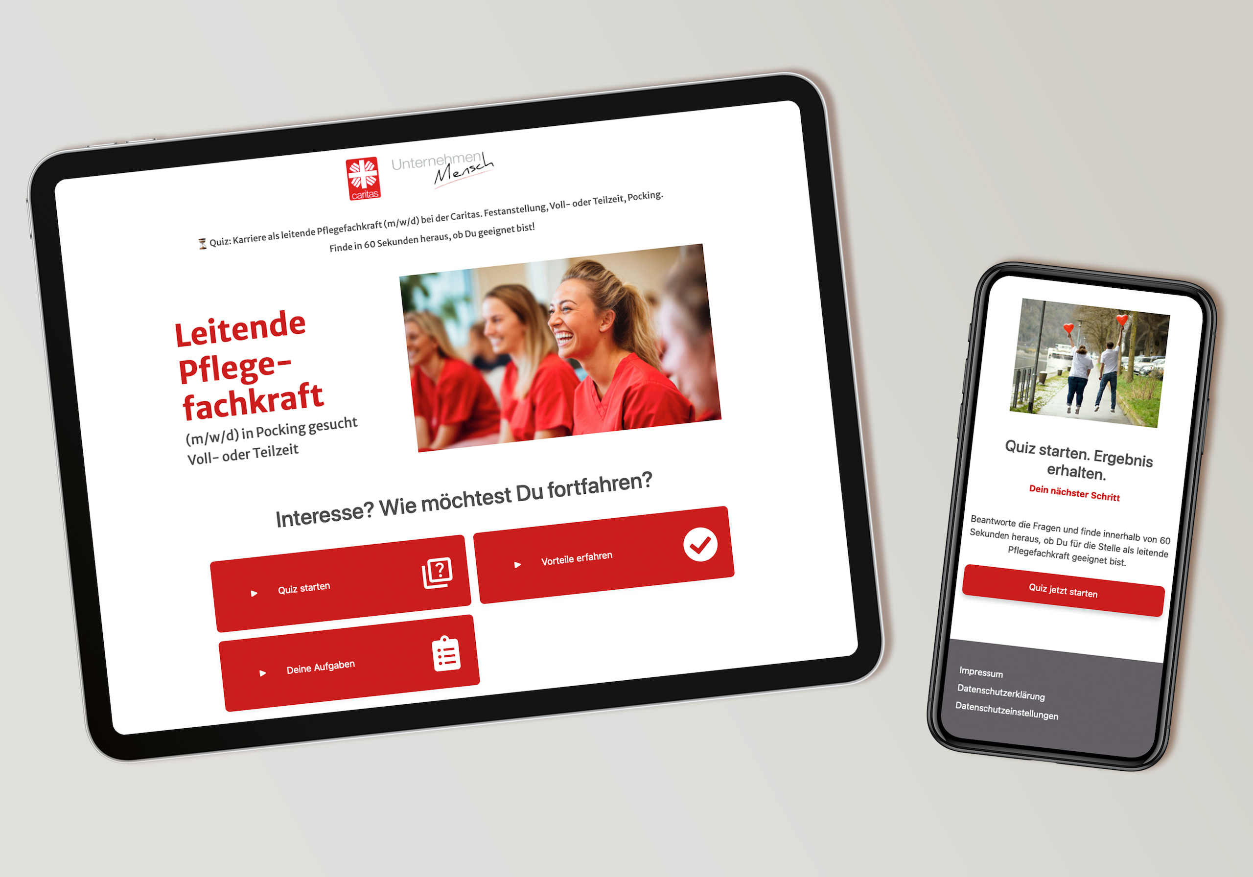 Caritas-Passau-Seiten auf einem Tablet und einem Mobiltelefon