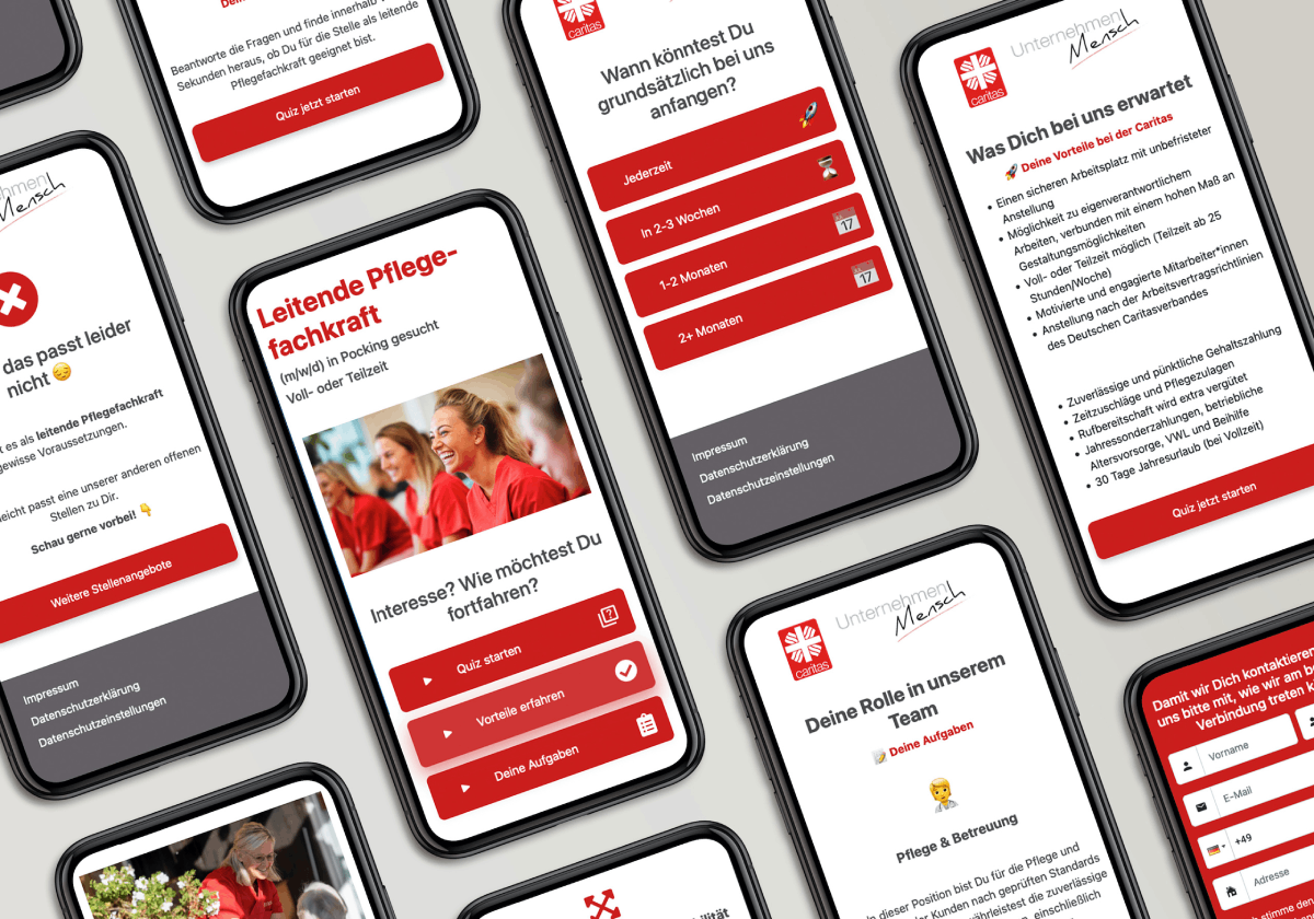 Verschiedene Seiten der Caritas-Passau-Website auf iPhone-Bildschirmen.