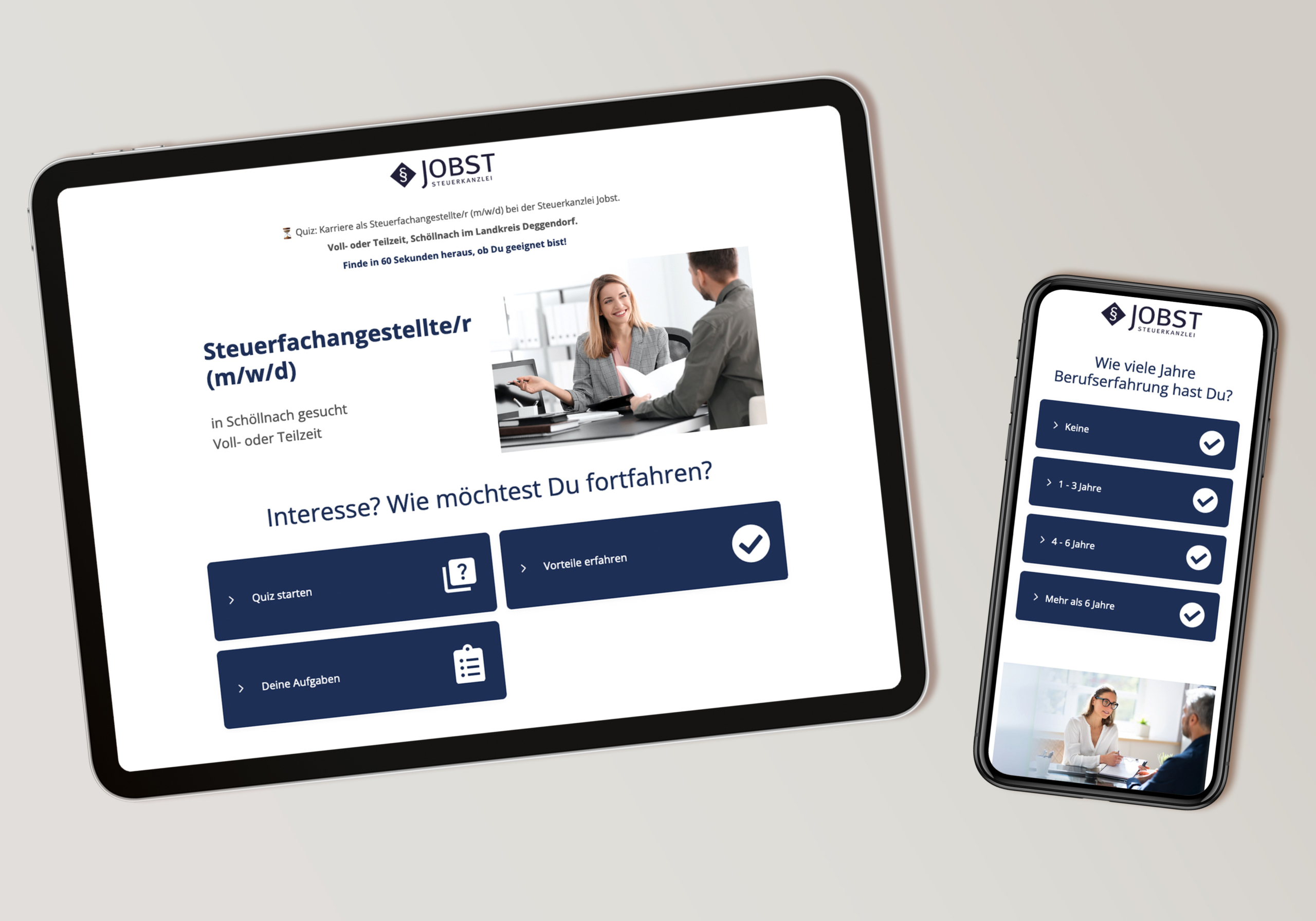 Seiten der Website der Jobst Steuerkanzlei auf einem Tablet und einem Mobiltelefon
