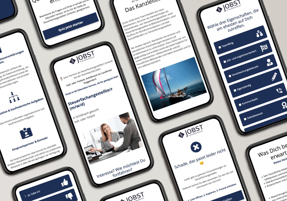 Smartphones zeigen die Webseite einer Steuerkanzlei mit Karriereinfos.