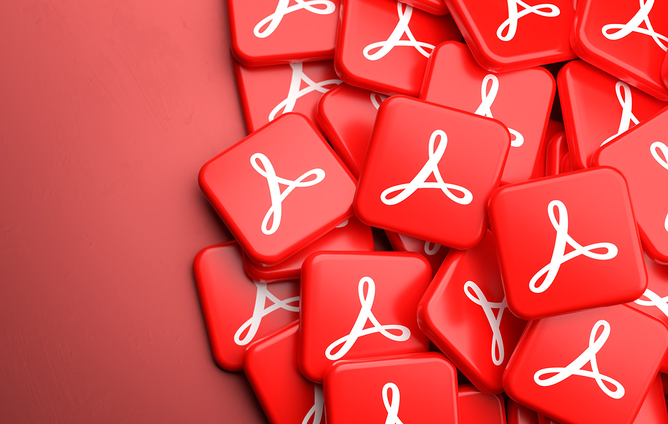 Viele Adobe Acrobat-Logos auf rotem Hintergrund