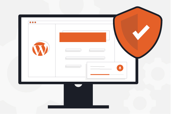 WordPress-Wartung Grafische Darstellung eines Monitors mit einer Wordpress-Website und einem orangefarbenen Schild mit einem weißen Häkchen darauf
