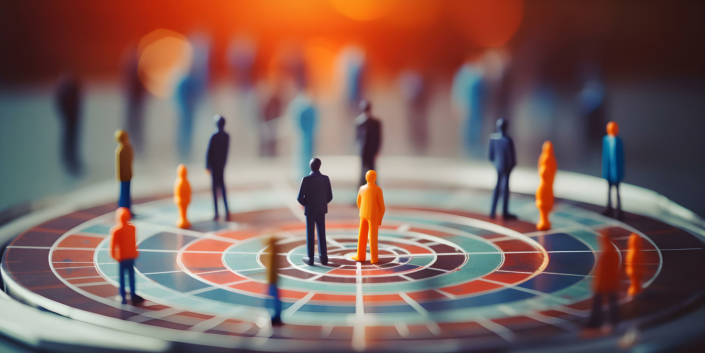Ads-Targeting Miniaturfiguren auf Zielscheibe, symbolisiert Marketingstrategie und Zielgruppenfokus.