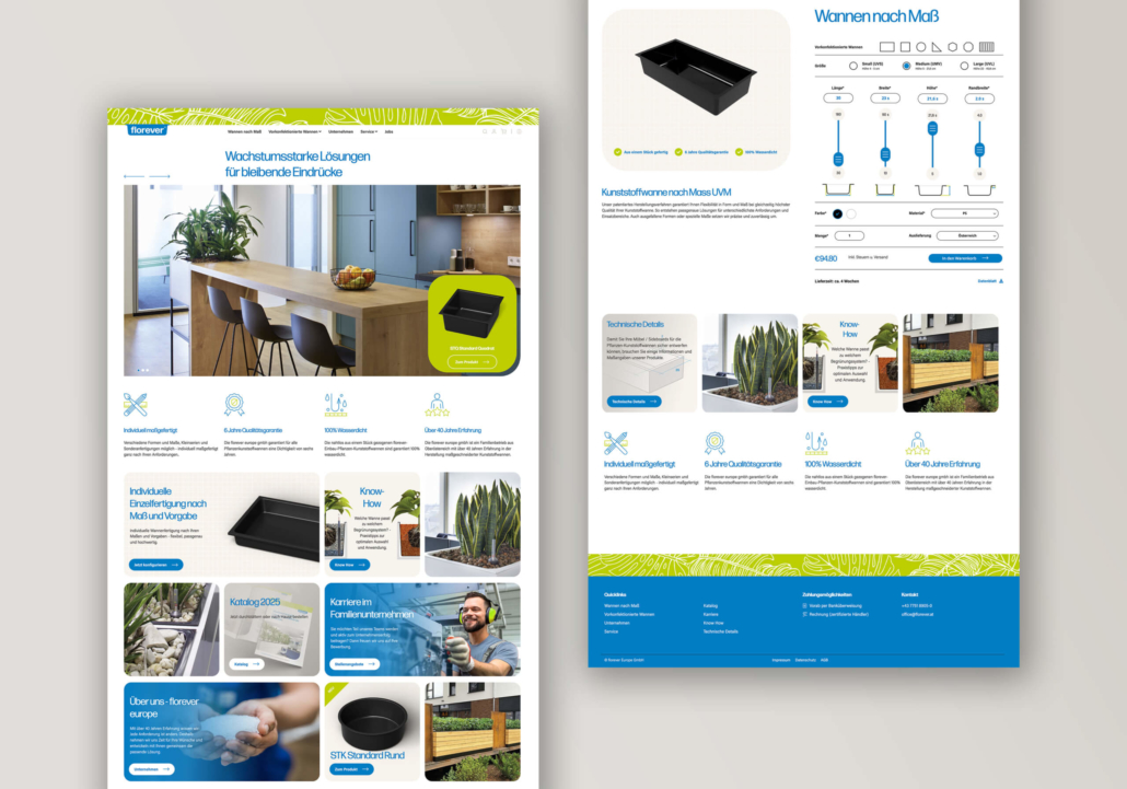 Website-Design mit Pflanzkübeln und individuellen Maßanfertigungen für stilvolle Innenräume.