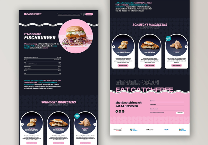 Site-Layout1135x794 Webdesign für pflanzlichen Fischburger von CatchFree mit Produktfotos und Kontaktdaten.