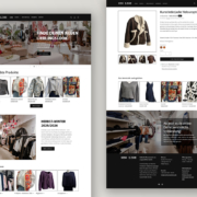 Mode-Website mit Kategorien, Produktvorschlägen und Kunstlederjacke in Velouroptik.