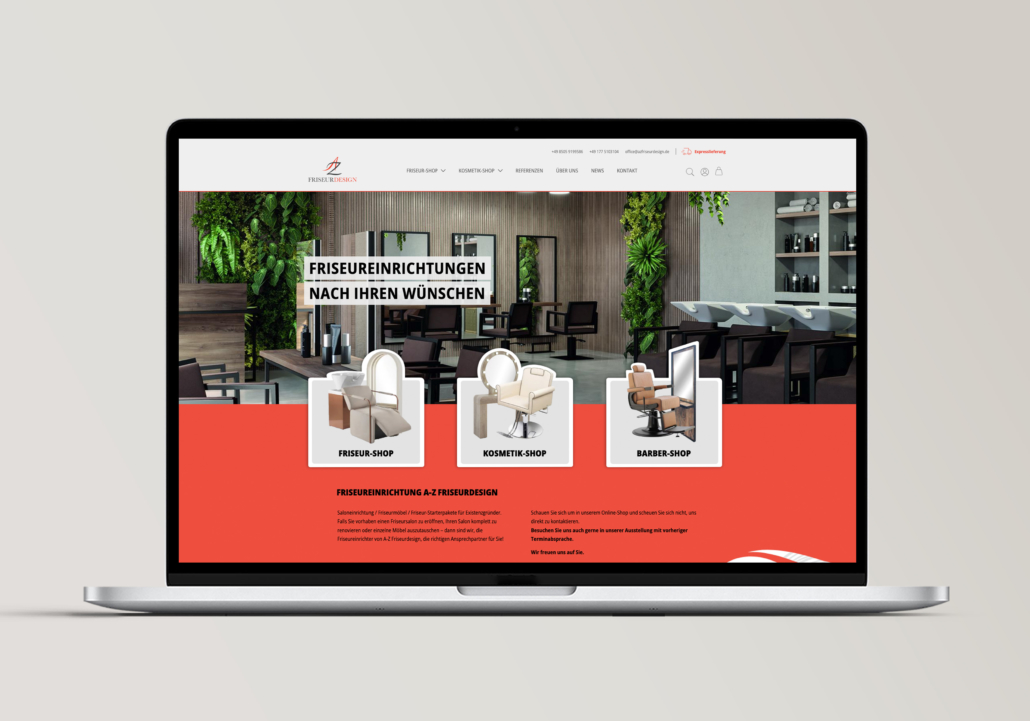 Alt-Text: Moderne Friseureinrichtung Webseite mit Angeboten für Friseur, Kosmetik und Barber.
