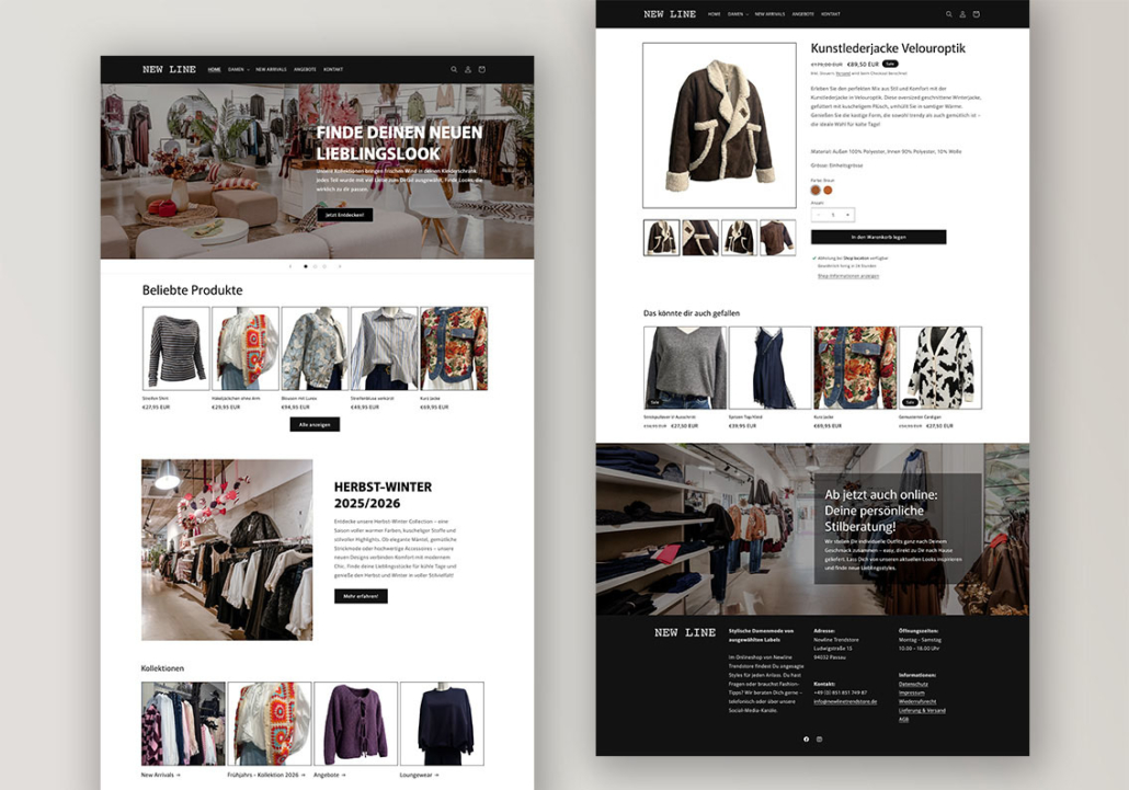 Alt-Text: Screenshot einer Mode-Website mit Kollektionen und Produktinformationen.