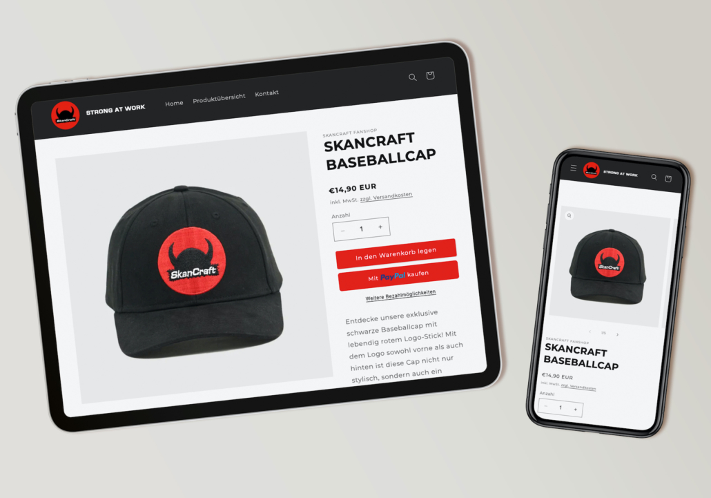 Alt-Text: Schwarze SkanCraft Baseballcap mit rotem Logo auf Tablet und Smartphone.