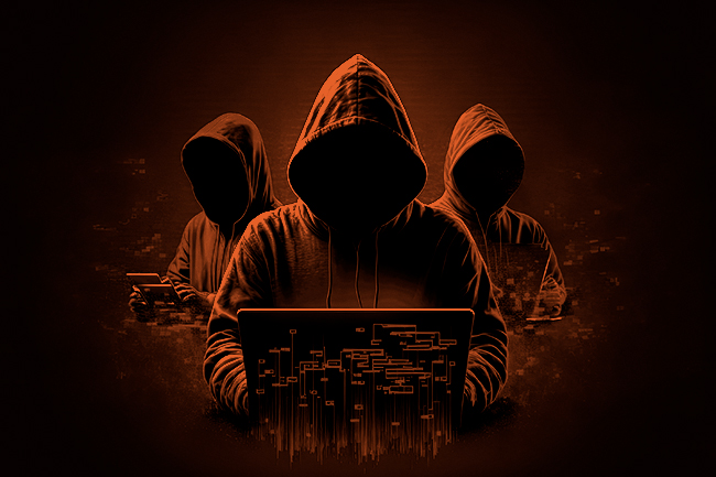 Wordpress-Hacker-03 Drei vermummte Personen vor Laptops symbolisieren Cyberkriminalität und digitale Bedrohungen.