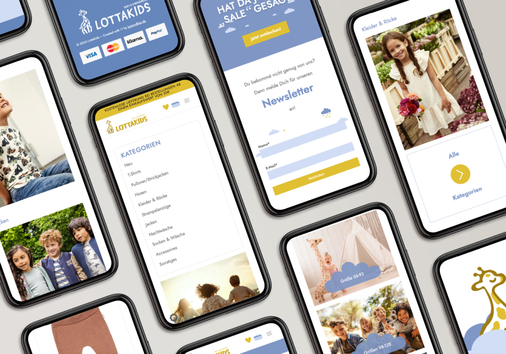 Verschiedene Mobilgeräte zeigen die Lottakids-Website mit Kinderbekleidung und Angeboten.