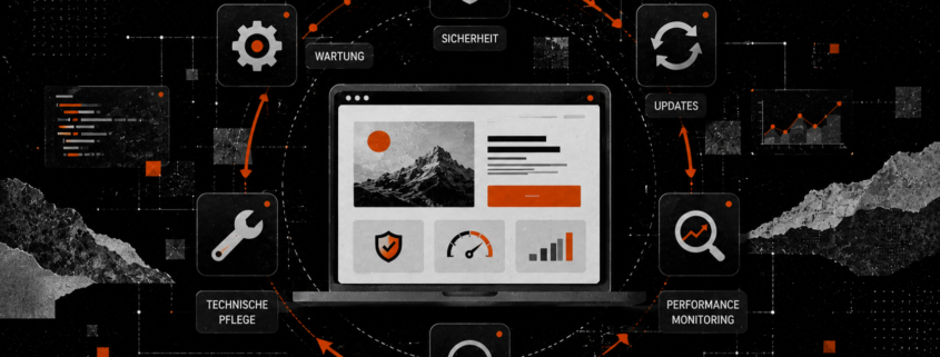 Grafik zur digitalen Wartung: Sicherheit, Updates und Performance Monitoring.