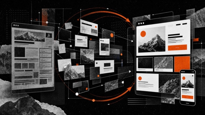 Webdesign Relaunch Strategie: Der strategische Leitfaden für Unternehmen 2026 – Hero Image Bild illustriert einen Website Relaunch mit symbolischer Darstellung einer alten und neuen Website