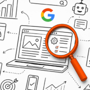 Diagramm zur SEO-Analyse mit Laptop, Lupe und Google-Logo.
