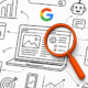 Diagramm zur SEO-Analyse mit Laptop, Lupe und Google-Logo.