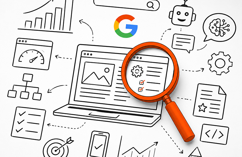 Google-Leitfaden-1 Diagramm zur SEO-Analyse mit Laptop, Lupe und Google-Logo.