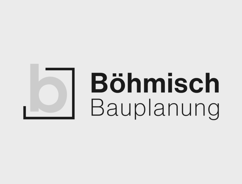 Logo von Böhmisch Bauplanung auf grauem Hintergrund. Modernes Design, klare Schrift.