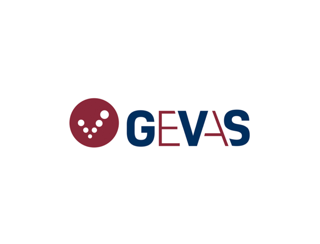 Logo der GEVAS: moderne und prägnante Grafik mit rotem und blauen Schriftzug.