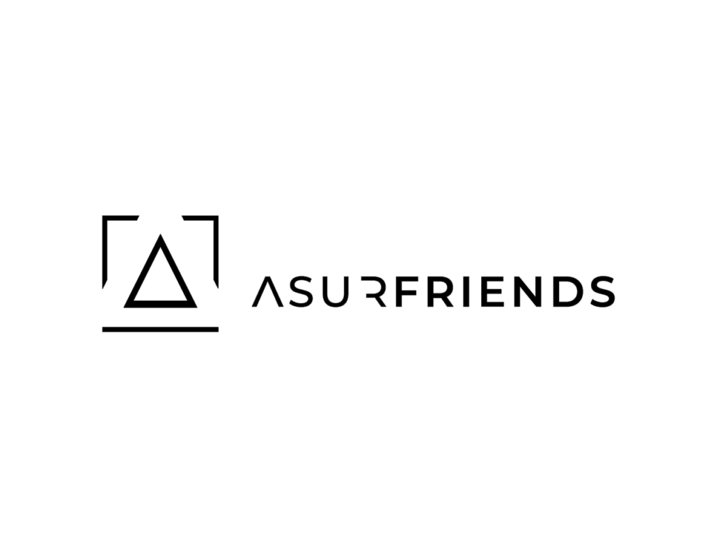 Logo von ASURFRIENDS mit minimalistischen geometrischen Formen in Schwarz auf weißem Hintergrund.