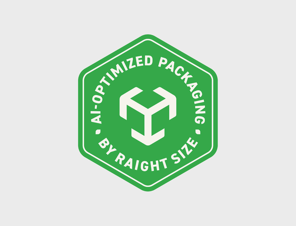 Logo für KI-optimierte Verpackungen von Raight Size in grünem Hexagon-Design.