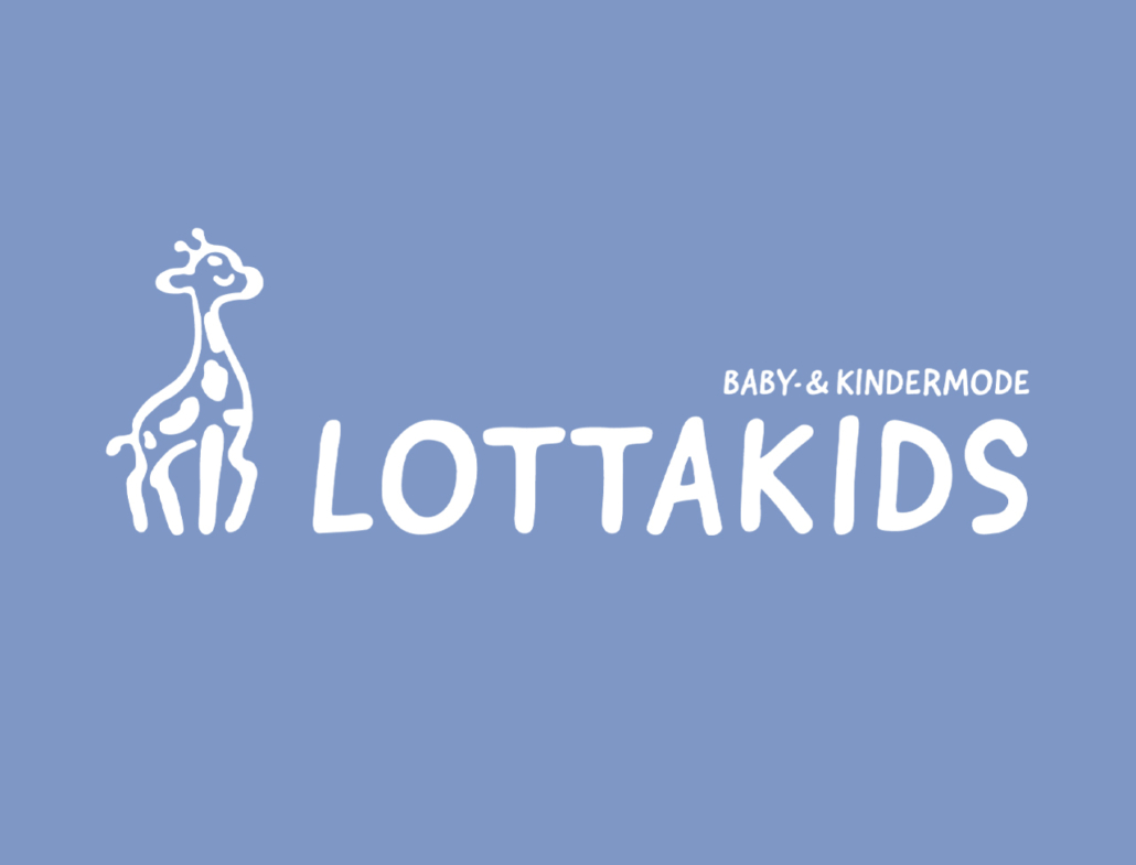 Logo von Lottakids für Baby- und Kindermode, mit stilisierter Giraffe auf blauem Hintergrund.