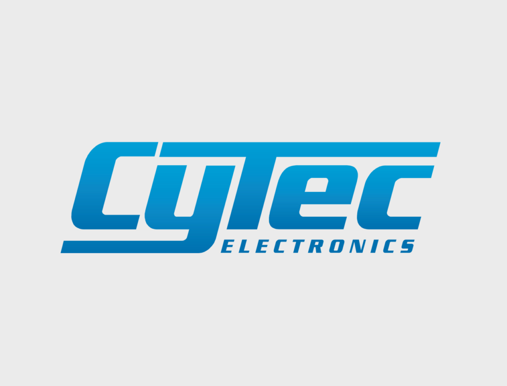 Logo von CyTec Electronics in einem modernen blauen Design auf grauem Hintergrund.