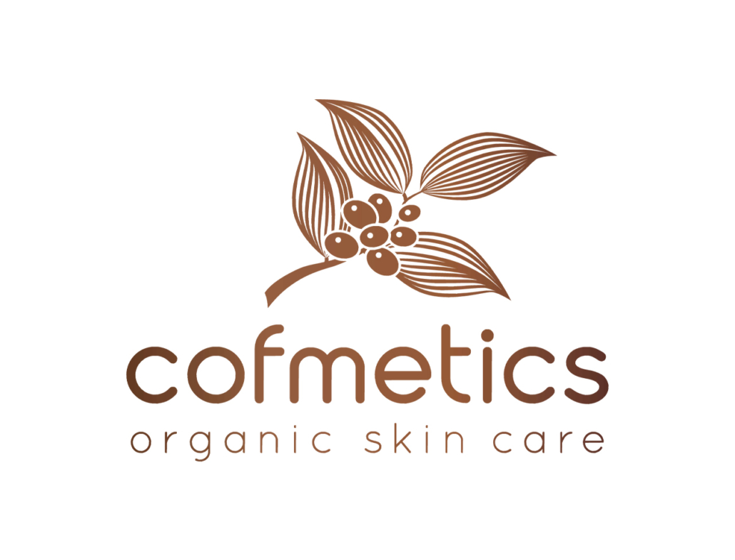 Logo von Cofmetics: biologisch zertifizierte Hautpflege mit Pflanzenmotiven.