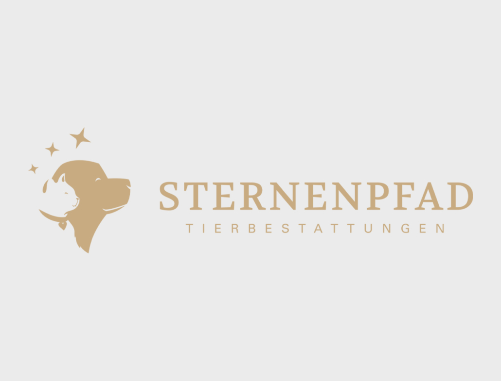 Logo von Sternenpfad Tierbestattungen mit Hund und Katze, umgeben von Sternen.