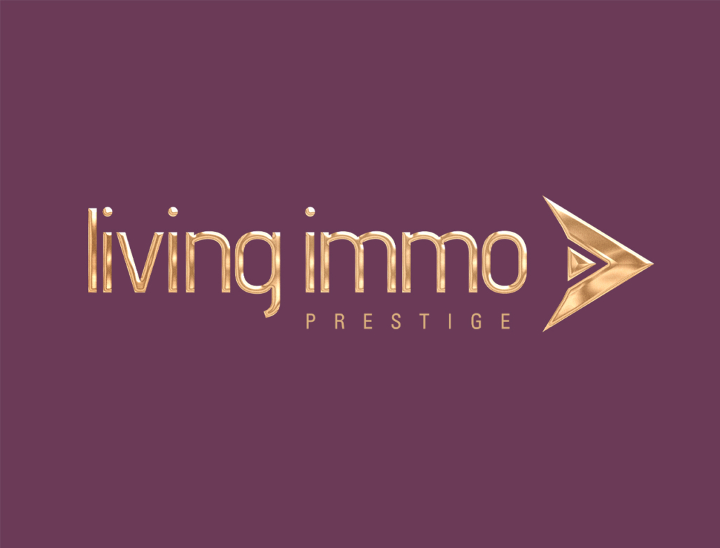 Logo von living immo prestige auf violettem Hintergrund. Elegantes Design für Immobilien.