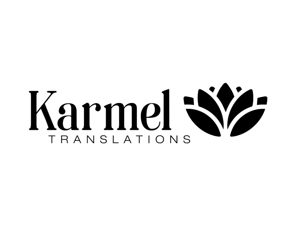 Logo von Karmel Translations mit stilisierter Lotusblume, modern und elegant.