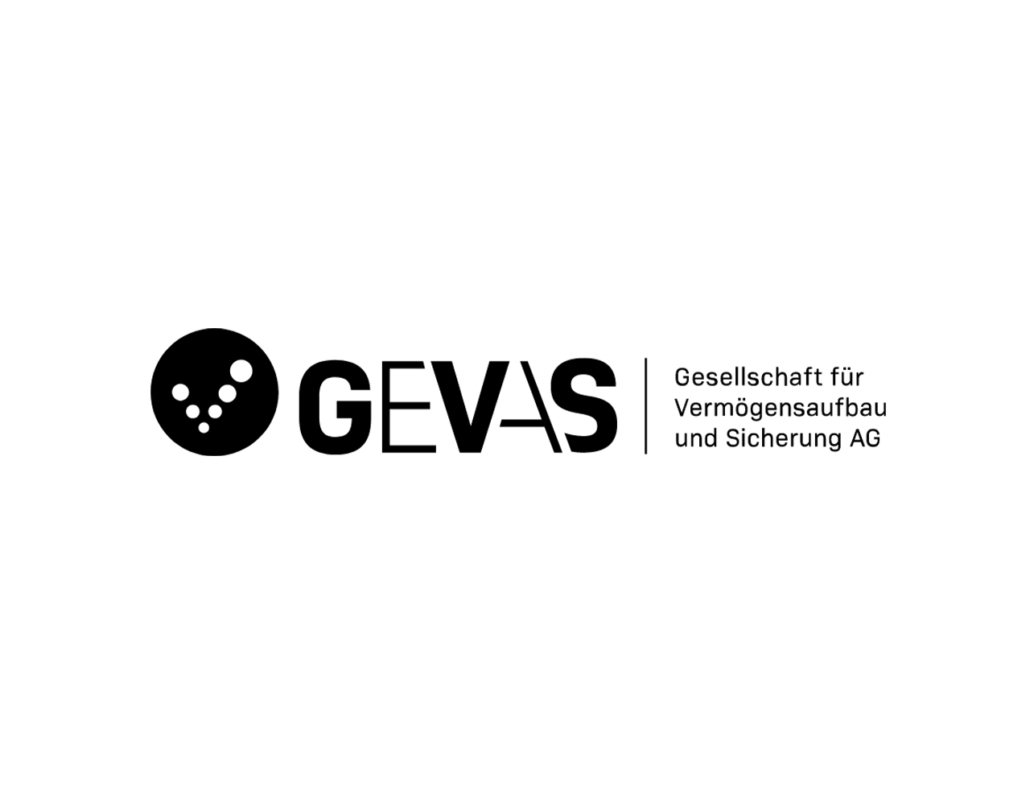 Logo der GEVAS AG für Vermögensaufbau und Sicherung in schwarz auf weißem Hintergrund.