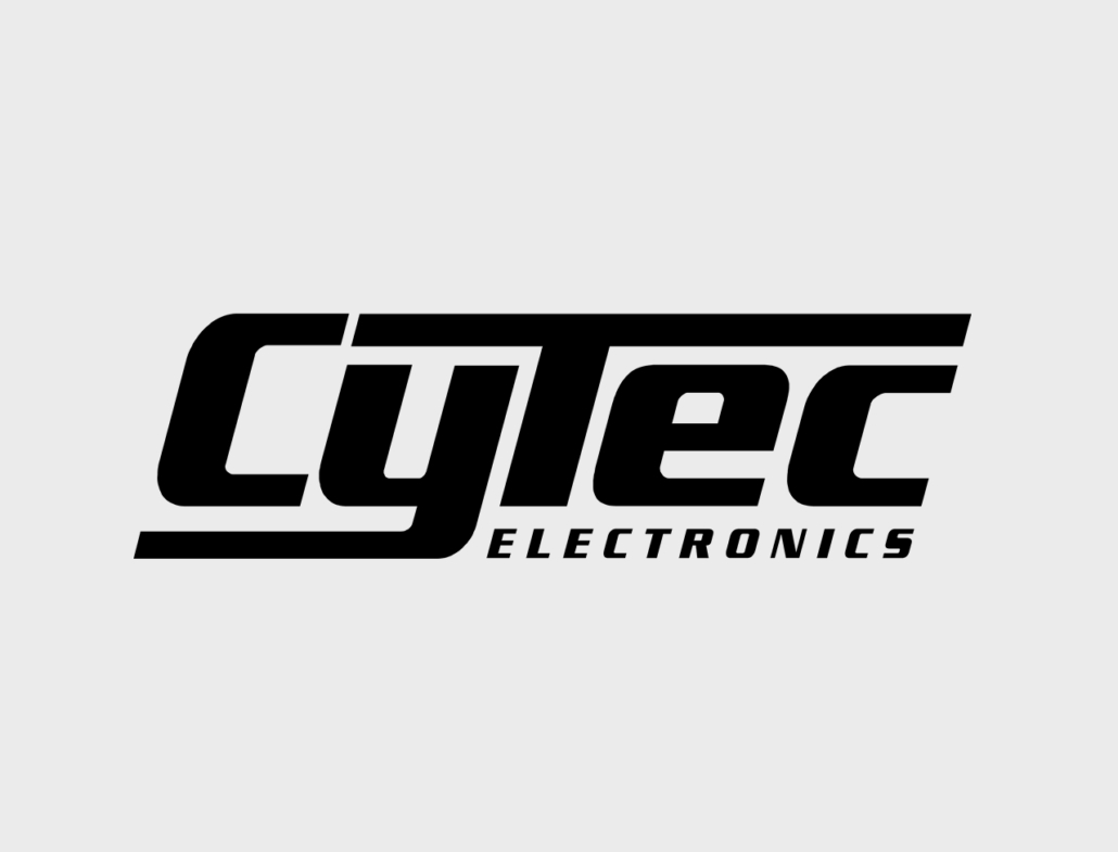 Logo von CyTec Electronics in modernem, schwarzem Design auf grauem Hintergrund.