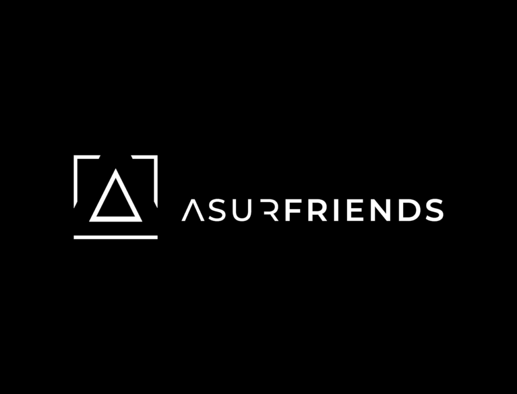 Logo von ASURFRIENDS auf schwarzem Hintergrund, modern und minimalistisch gestaltet.