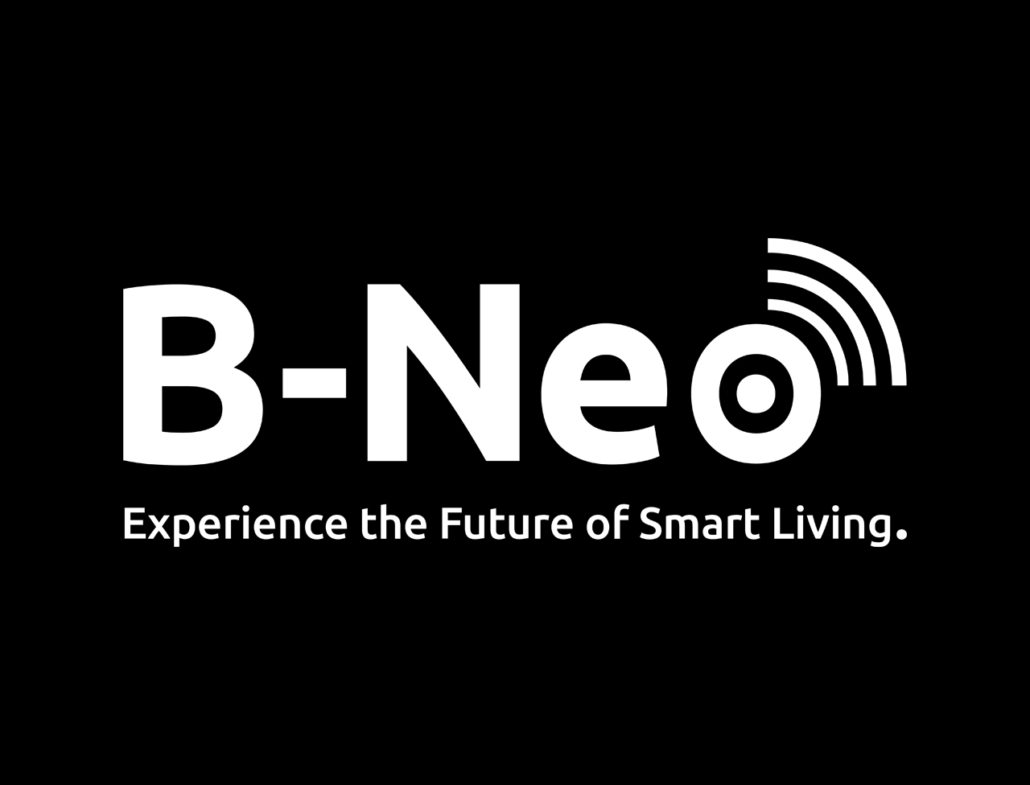 Logo von B-Neo mit dem Slogan Erleben Sie die Zukunft des smarten Wohnens.