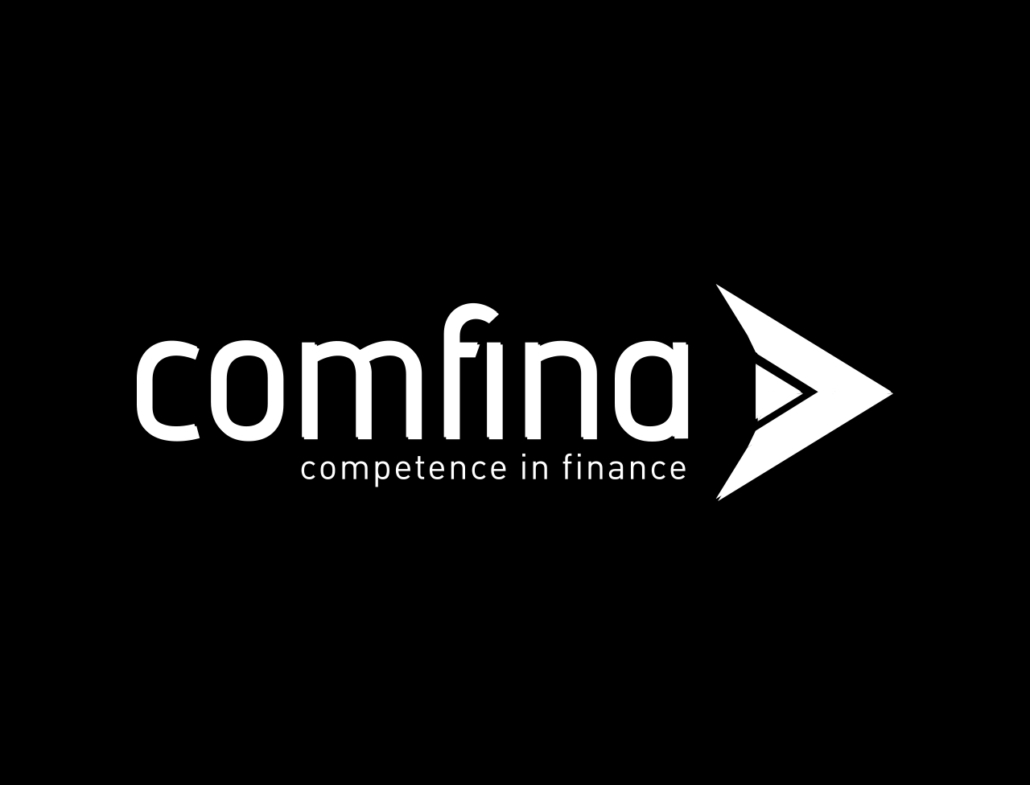 Logo von comfina, mit dem Slogan competence in finance auf schwarzem Hintergrund.