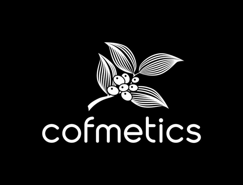 Logo von Cofmetics mit stilisierten Blättern und Beeren auf schwarzem Hintergrund.